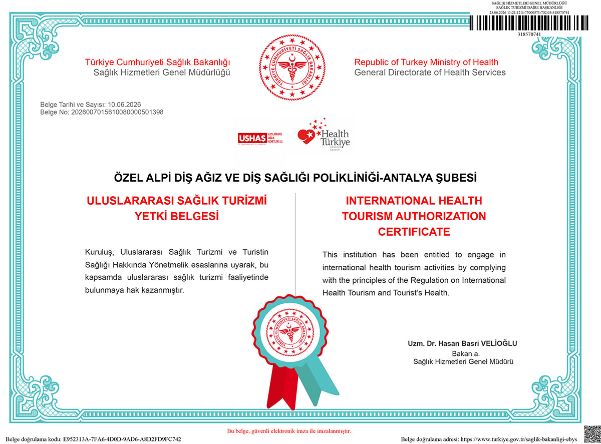 International Health Tourism Authorization Certificate — Republic of Türkiye, Ministry of Health, issued to Özel Alpi Diş, Antalya
